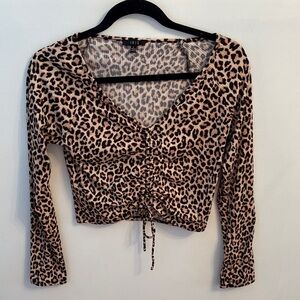 iris Leopard-Print Ruched V-Neck Long Sleeve Crop Top - Brown/Black